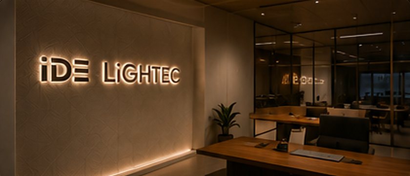 Oficina de IDELIGHTEC con el logotipo iluminado